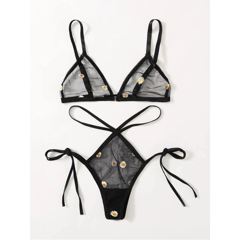 Conjunto de lencería sexy con bordado de margaritas Bikini transparente Sexy Temptation