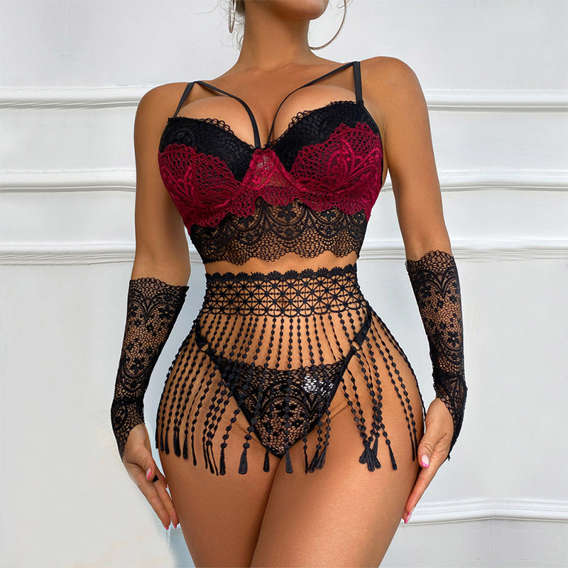 Erotische Dessous Fransenrock Ärmel BH 5-teiliges Set