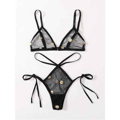 Daisy Embroidered Sexy Lingerie Set Sexy Temptation See-through Bikini