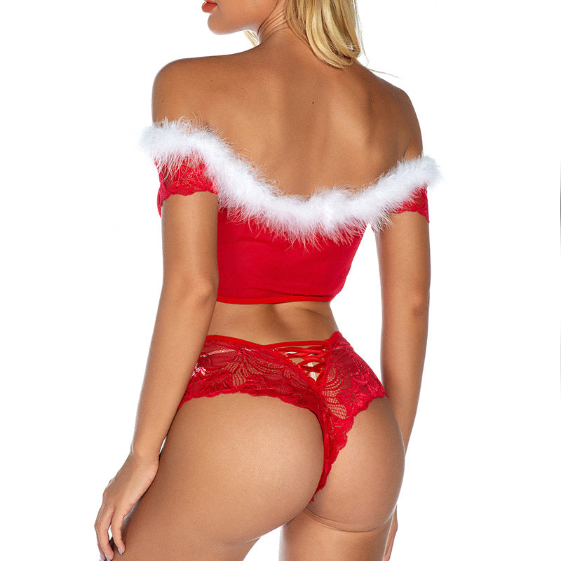 Christmas Clothes Sexy Lingerie One Word Collar Tube Top Mid-Waist Panties Two-Piece Suit