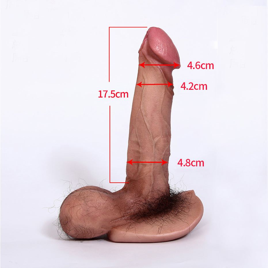 Consolador realista con pelo Piel artificial Pene Material seguro para el cuerpo Pene enorme realista con ventosa fuerte para jugar con manos libres Polla flexible con eje curvo y bolas para el punto G vaginal